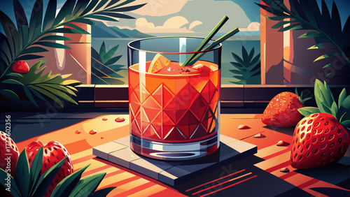 Very beautiful gin-based strawberry cocktail served in an old-fashioned glass on a rustic background, featuring vibrant red strawberries and elegant beverage styling.