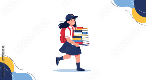 A cheerful young schoolgirl in a uniform with a red backpack runs happily while carrying a tall, heavy stack of colorful books.