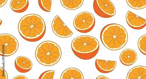 A bright and refreshing seamless pattern of cartoon whole oranges and juicy slices scattered randomly on a clean white background.