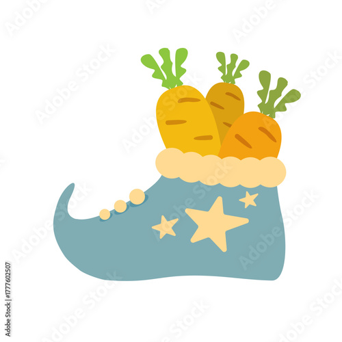 Winter blue boots with carrot inside and stars, symbol of Sinterklaas. Sinterklaas cartoon hand drawn shoes with carrot. Saint Nicholas Day Poster Vector, Dutch Celebration Card with Gift in Boot