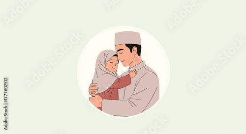 A heartwarming illustration of a loving Muslim father in a skullcap tenderly hugging his young daughter who is wearing a hijab.
