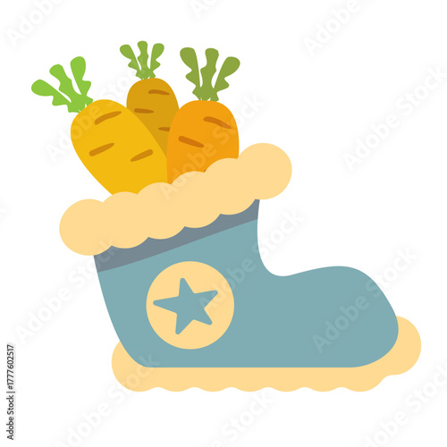 Winter blue boots with carrot inside and stars, symbol of Sinterklaas. Sinterklaas cartoon hand drawn shoes with carrot. Saint Nicholas Day Poster Vector, Dutch Celebration Card with Gift in Boot