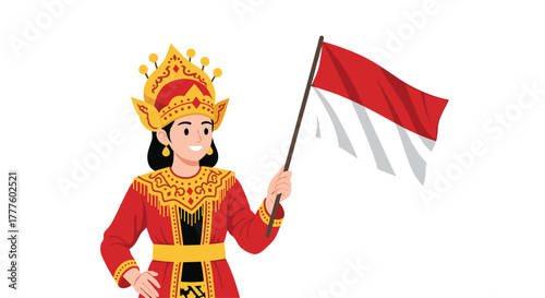 A lovely illustration of an Indonesian girl wearing an ornate traditional red costume and headdress while proudly waving the Indonesian flag.