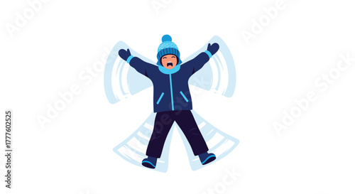 A joyful child wearing a blue winter coat, hat, and gloves is lying in the snow and happily making a perfect snow angel.