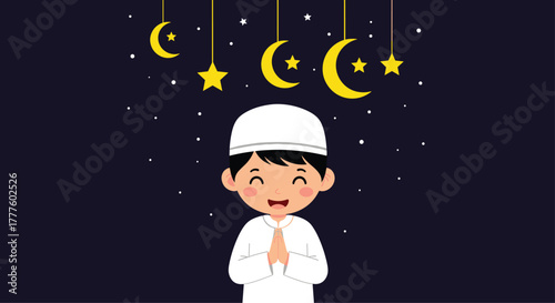 A sweet Muslim boy in white clothes smiles with his hands in a prayer gesture under a night sky with hanging stars and moons.
