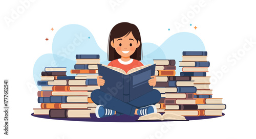A happy young girl sits cross-legged on the floor, deeply engrossed in reading a book, surrounded by large stacks of other books.