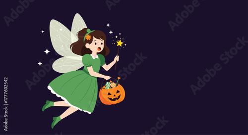 A cute fairy with sparkling wings and a green dress flies through the night sky, holding a magic wand and a jack-o-lantern candy bucket.