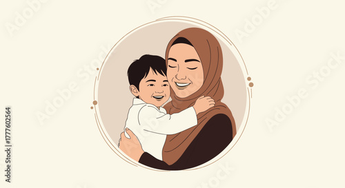 A touching portrait of a smiling Muslim mother wearing a hijab, lovingly hugging her happy young son in a warm embrace.