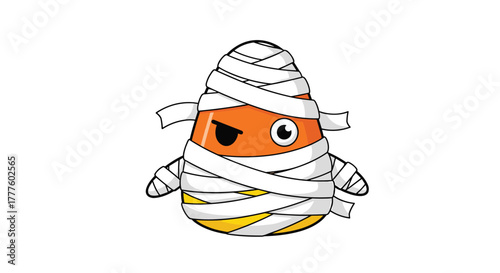 A funny and spooky Halloween cartoon character of a candy corn wrapped up like an ancient Egyptian mummy with one eye peeking out.
