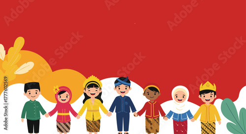 A diverse group of Indonesian children in various traditional costumes from different regions, holding hands in unity against a red background.