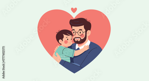 A heartwarming illustration of a loving father with glasses hugging his young son, framed within a large pink heart shape.
