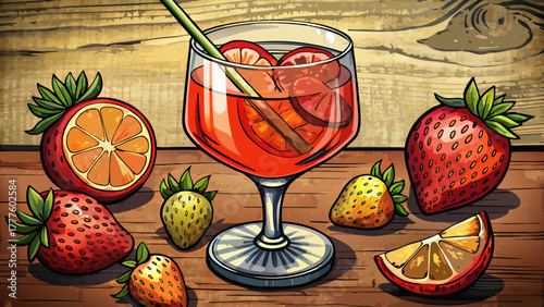Very beautiful gin-based strawberry cocktail served in an old-fashioned glass on a rustic background, featuring vibrant red strawberries and elegant beverage styling.