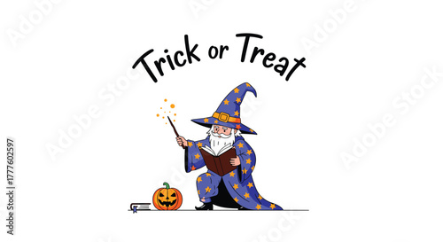 A whimsical wizard with a long white beard, wearing a starry robe and hat, casts a spell with his wand for a Trick or Treat theme.