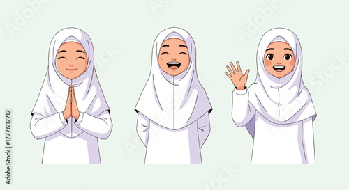 A set of three illustrations showing a cute Muslim girl in a white hijab with different poses: greeting, laughing, and waving.