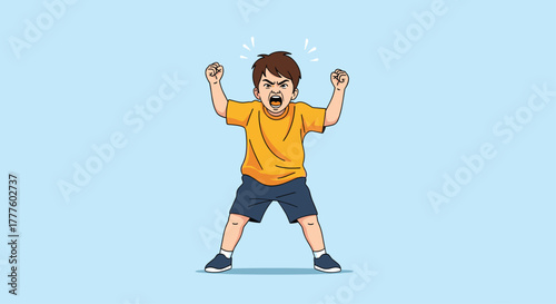 An illustration of a young boy shouting in anger, with his fists clenched and a furious expression on his face in a tantrum.
