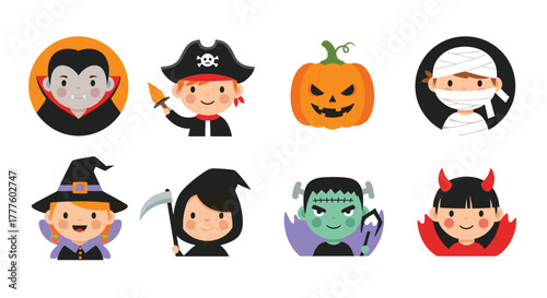 A set of eight adorable and spooky Halloween avatar icons featuring children in costumes like a vampire, pirate, witch, and mummy.