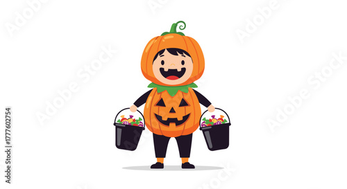 An adorable child dressed in a full-body pumpkin costume with a matching hat, happily holding two buckets for trick-or-treating.