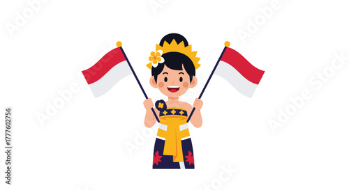 A cute Balinese girl in a traditional Indonesian costume smiles happily while waving two small Indonesian flags to celebrate a national holiday.