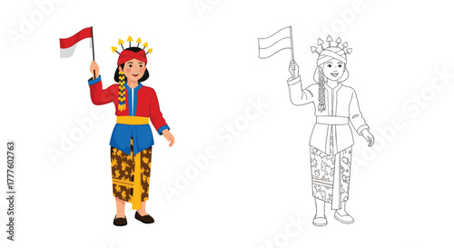A drawing tutorial showing a colored version and an outline for a coloring page of a girl in traditional Indonesian Dayak costume.