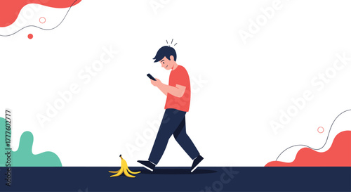 A distracted young man is about to slip on a banana peel because he is focused on his smartphone while walking.