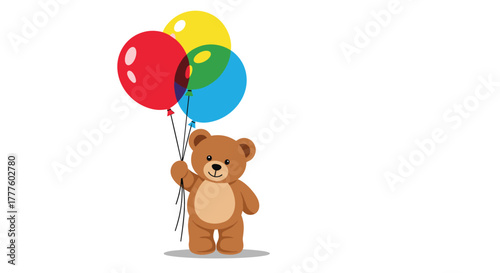 A cute and friendly teddy bear is standing and holding a bunch of four colorful, translucent balloons on a white background.