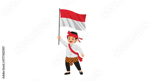 A proud young Indonesian boy in traditional attire, possibly from Bali, is marching happily while holding the Indonesian national flag.