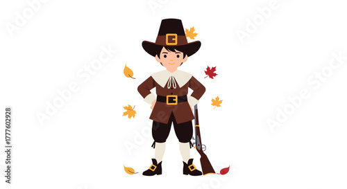 Confident young pilgrim boy in historical costume holding a musket celebrates Thanksgiving with falling autumn leaves around him.