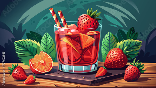 Very beautiful gin-based strawberry cocktail served in an old-fashioned glass on a rustic background, featuring vibrant red strawberries and elegant beverage styling.