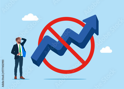 Arrow up at red prohibition sign NO. Restriction of rights and freedoms. Financial instability and stock market crash. Investor falling from stack of unstable money. Vector illustration.