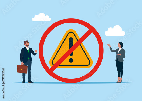 Investigate incident with exclamation attention sign at red prohibition sign NO. Incident management, root cause analysis. Taboo, rejection. Vector flat illustration