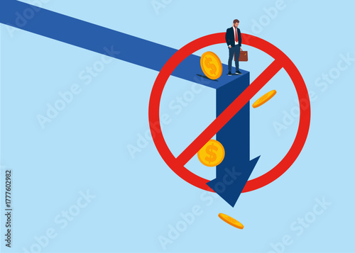 STOP Economy collapse. Arrow at red prohibition sign NO. Financial instability and stock market crash. Investor falling from stack of unstable money. Vector illustration.