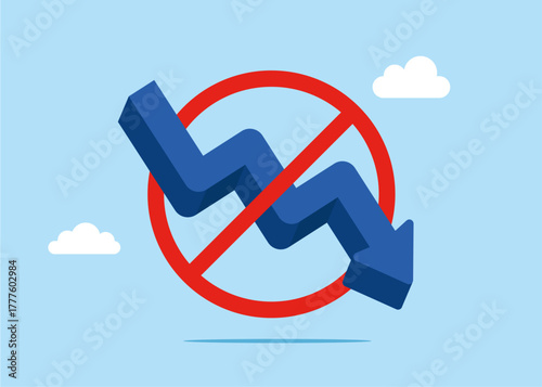 Crisis. Arrow down at red prohibition sign NO. Restriction of rights and freedoms. Financial instability and stock market crash. Investor falling from stack of unstable money. Vector illustration.