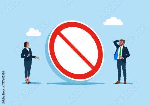 Theft, fraud and failure restriction of rights and freedoms. Thief sawing the floor to steal red prohibition sign NO. Flat vector illustration.