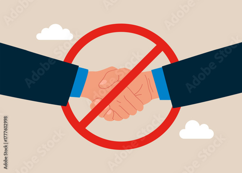 Stop.  Handshaking at red prohibition sign NO. Business deal abolition. Restriction of rights and freedoms. Social distancing, handshake is prohibited. Vector flat illustration