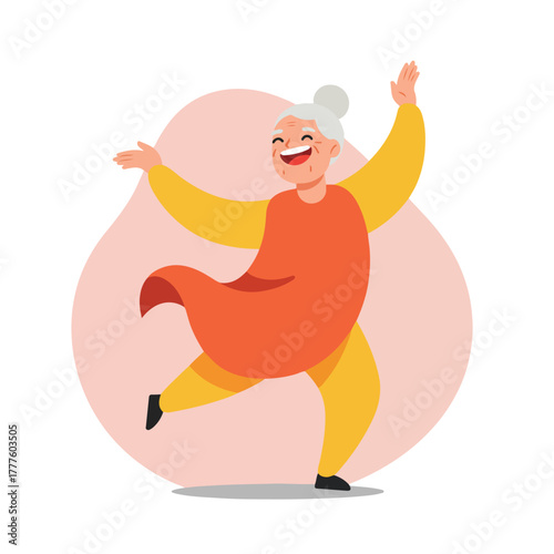 Cheerful elderly woman with a bun dancing in bright clothes. Suitable for showcasing active senior lifestyle in vibrant colors.