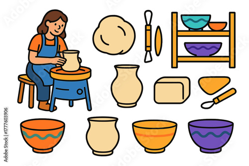 Female artisan shaping clay pottery on a wheel surrounded by ceramic bowls and tools