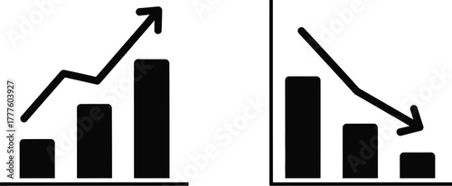 Business growth and decline graph chart icons for finance, market analysis, and data presentation vector illustration icon silhouette. 
