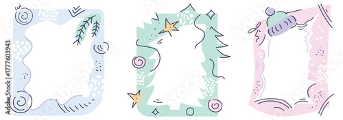 Set of modern, abstract Christmas winter frame template for decorating posts, photos, and doodle-style albums. Curved lines, arrows, and various playful elements are perfect for planners and albums.