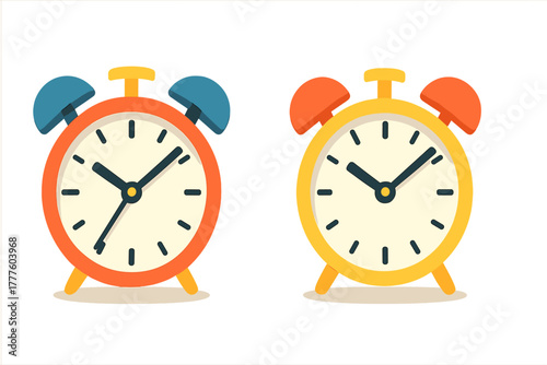 Colorful vintage alarm clocks showing different times on a white background