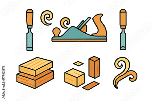 Set of carpentry tools including hand plane, chisels, wood pieces, and shavings on a surface