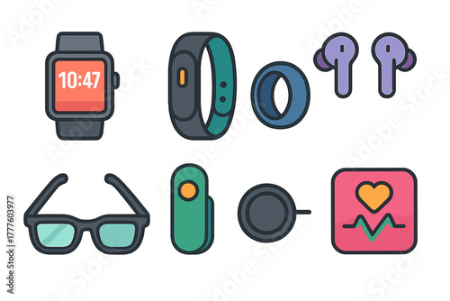 Set of wearable technology devices including smart watch fitness band smart glasses and health app icon