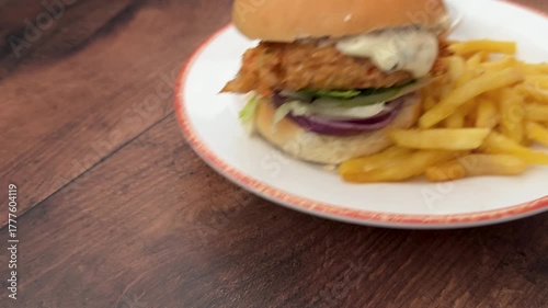 Serving a Fried Fish Sandwich with French Fries 