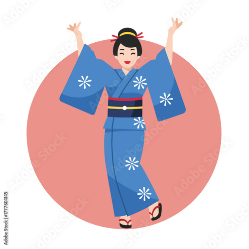 Smiling woman in a blue kimono dances joyfully. Suitable for lifestyle, wellness, happiness, and asian culture concepts. Cheerful and graceful.