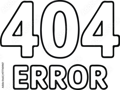 Simple 404 error page outline icon graphic, Minimal black outline graphic showing “404 Error” text, ideal for website maintenance pages, missing content alerts, and broken link notifications.


