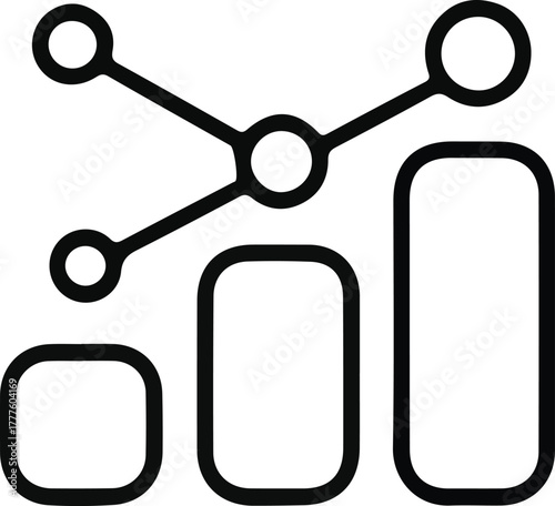 Data analytics bar chart with trend line icon, Minimal black line icon showing bar chart with rising trend line, useful for data analysis, statistics, dashboards, business metrics or reporting.

