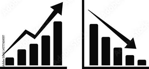 Business growth and decline graph chart icons for finance, market analysis, and data presentation vector illustration icon silhouette. 