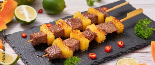 Mini beef kebabs with pineapple chunks