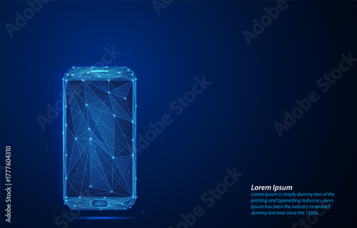 Futuristic low-poly wireframe smartphone screen.wireframe digital smart device illustration, fast technology, innovation, app startup growth, and digital techno phone on a dark blue background.