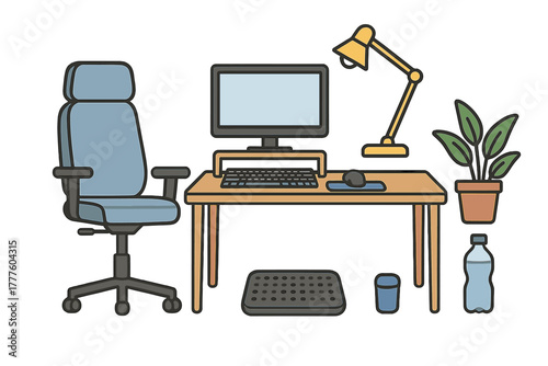 Ergonomic workspace setup with adjustable chair computer monitor and keyboard