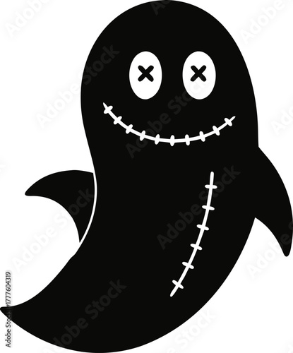 A ghost whose spine is crudely sewn shut with black thread. silhouette vector icon , white background